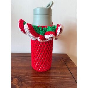 Vintage Crochet Christmas Red and Green Bottle Cover for Decoration or Gifting